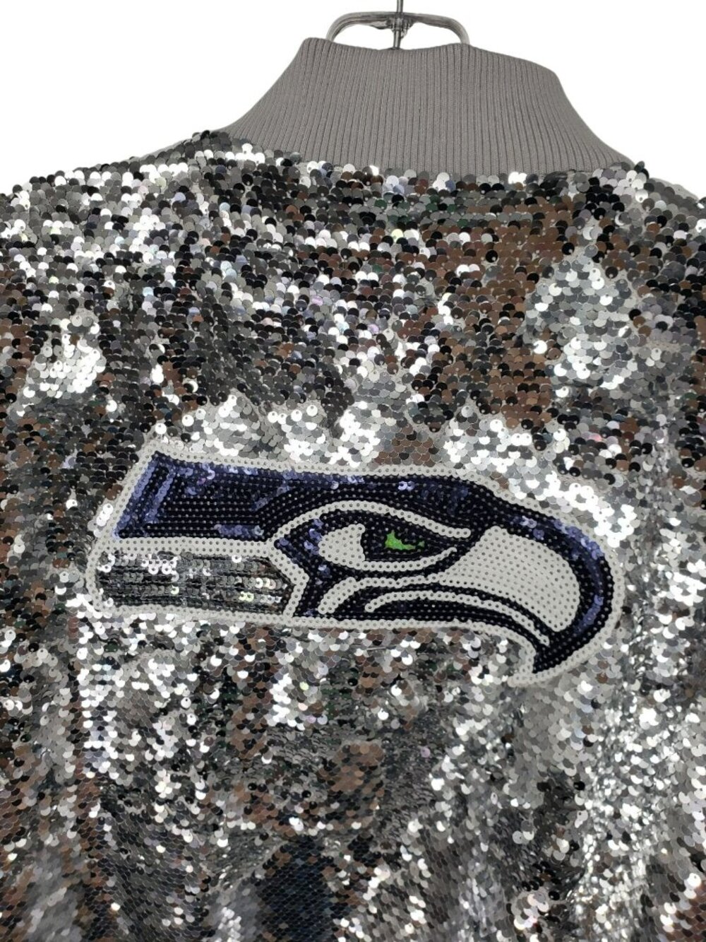 Seattle Seahawks Sequins Silver Blue Bomber Jacket Womens M Medium NFL Bling - Picture 15 of 16